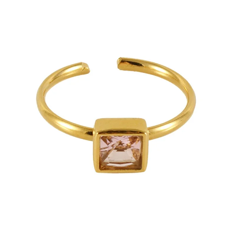 Playful 18K Gold-Plated Open-Front Heart Flower Ring - Gold Pink Square CZ
