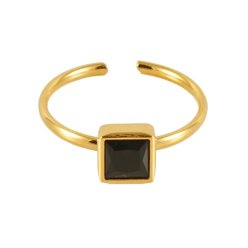Playful 18K Gold-Plated Open-Front Heart Flower Ring - Gold Black Square CZ