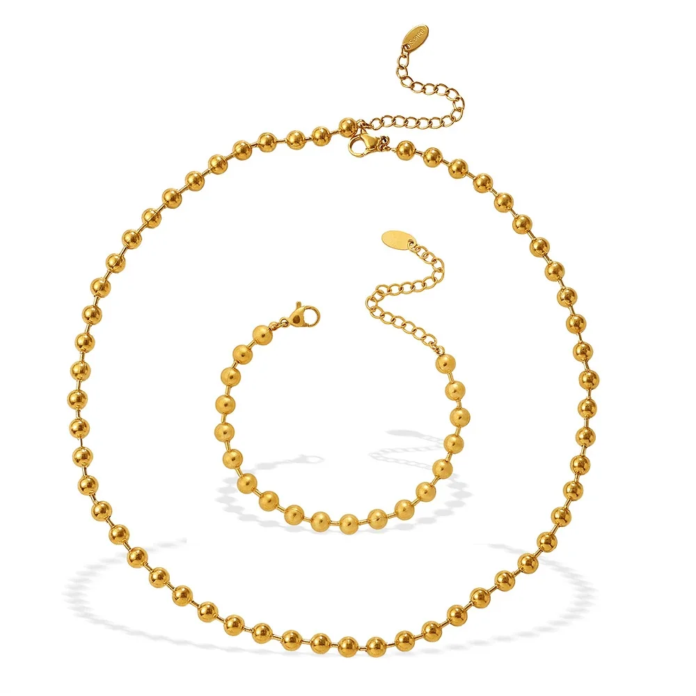 Bead Chain Necklace and Bracelet Set, Gold-Plated Stainless Steel
