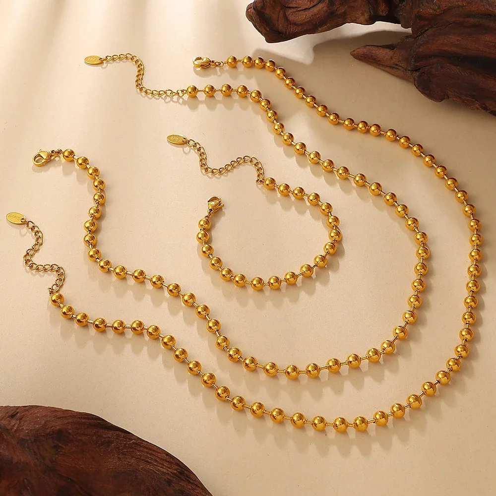 Bead Chain Necklace and Bracelet Set, Gold-Plated Stainless Steel