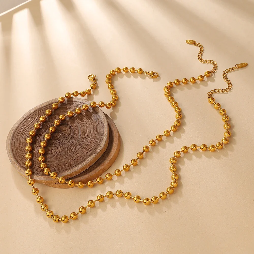 Bead Chain Necklace and Bracelet Set, Gold-Plated Stainless Steel