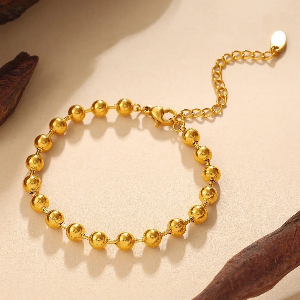 Bead Chain Necklace and Bracelet Set, Gold-Plated Stainless Steel