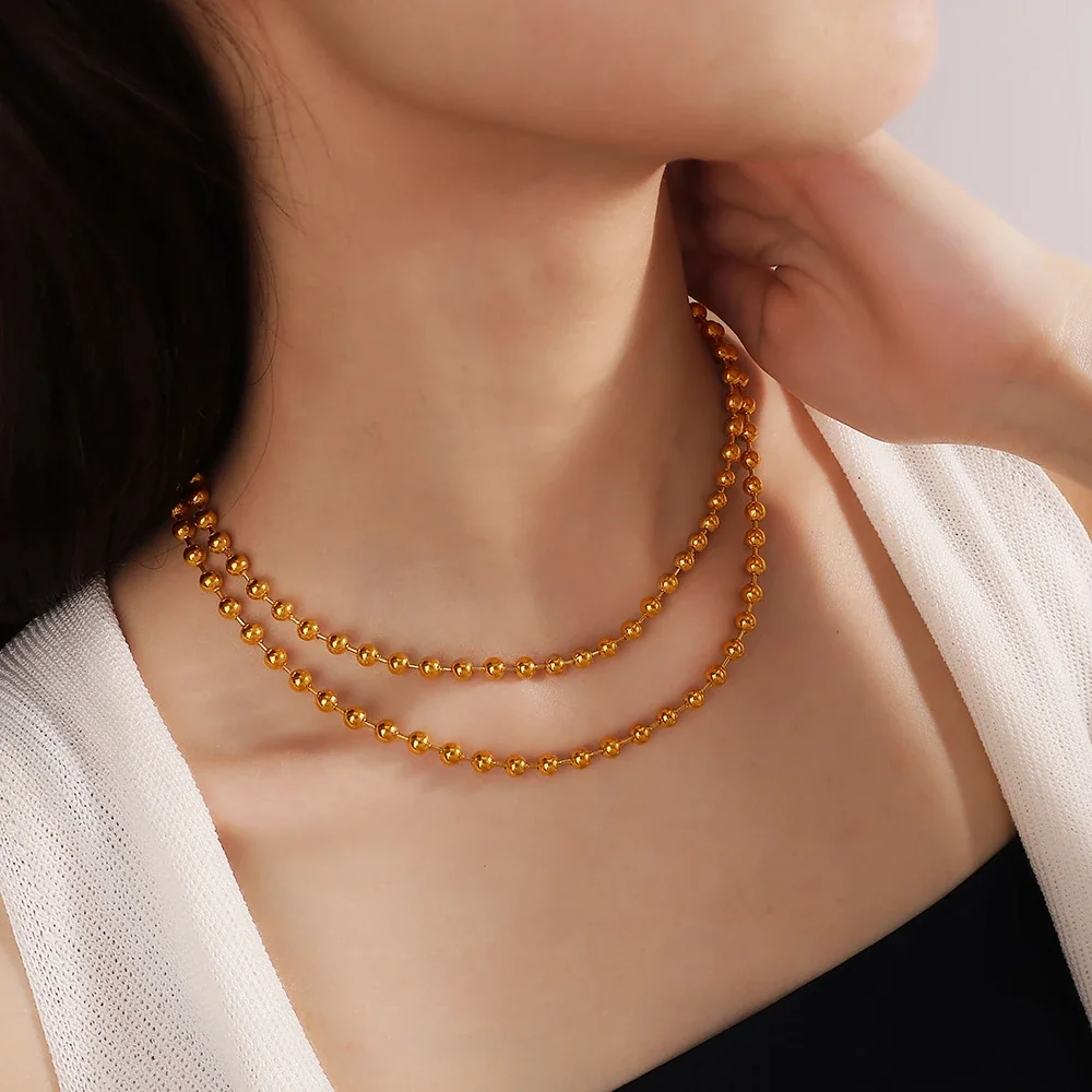 Bead Chain Necklace and Bracelet Set, Gold-Plated Stainless Steel