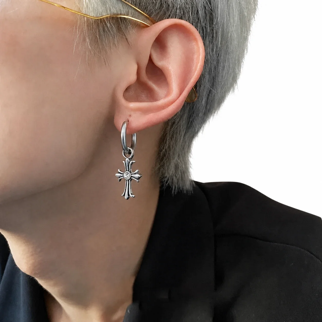 Gothic Silver-Plated Cross Drop Earrings with Crystal