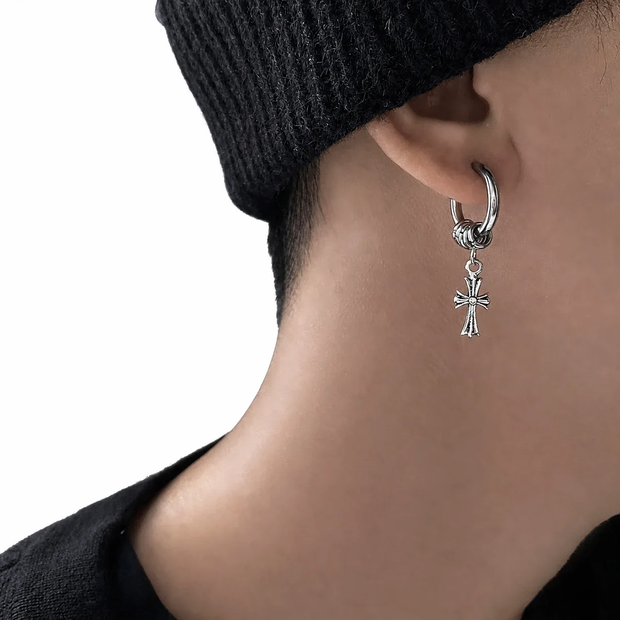 Gothic Silver-Plated Cross Drop Earrings with Crystal - Clip-On No Crystal