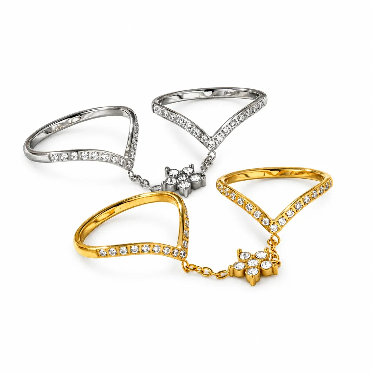 Double V-Band Flower Chain CZ Stainless Steel Ring
