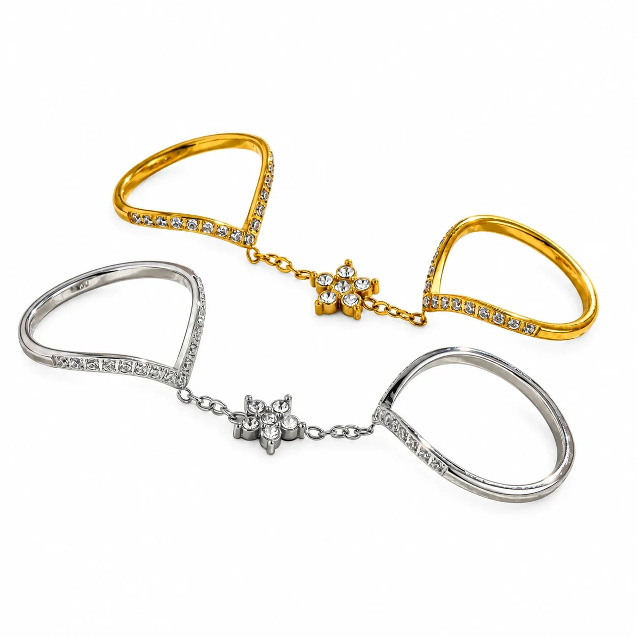 Double V-Band Flower Chain CZ Stainless Steel Ring