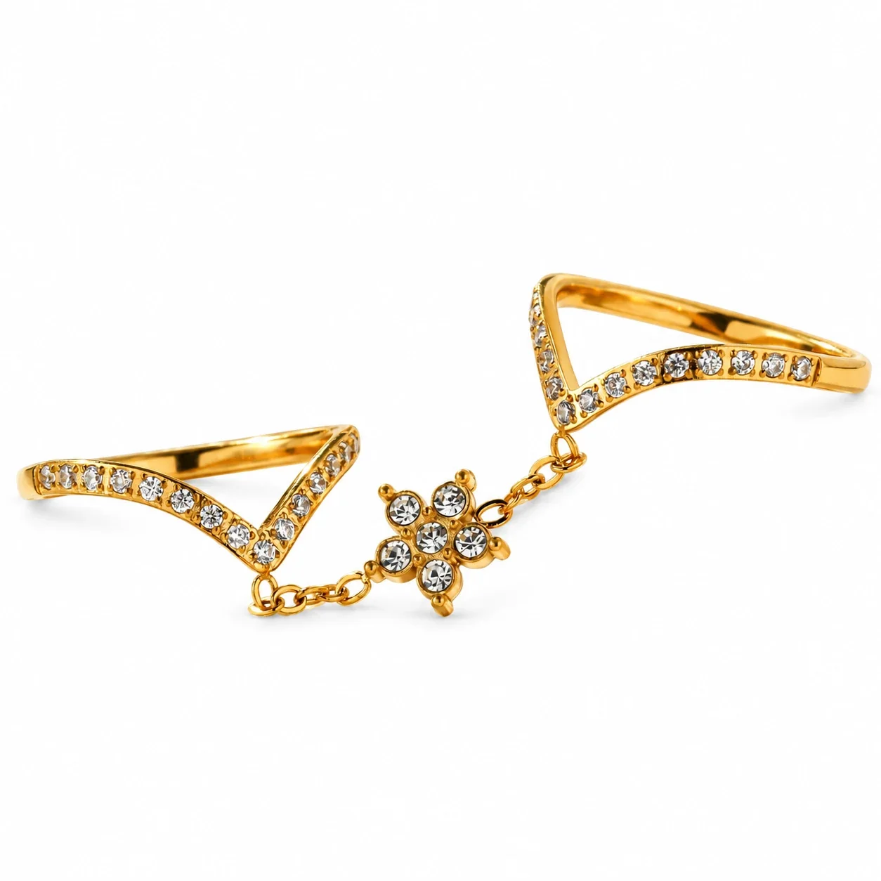 Double V-Band Flower Chain CZ Stainless Steel Ring