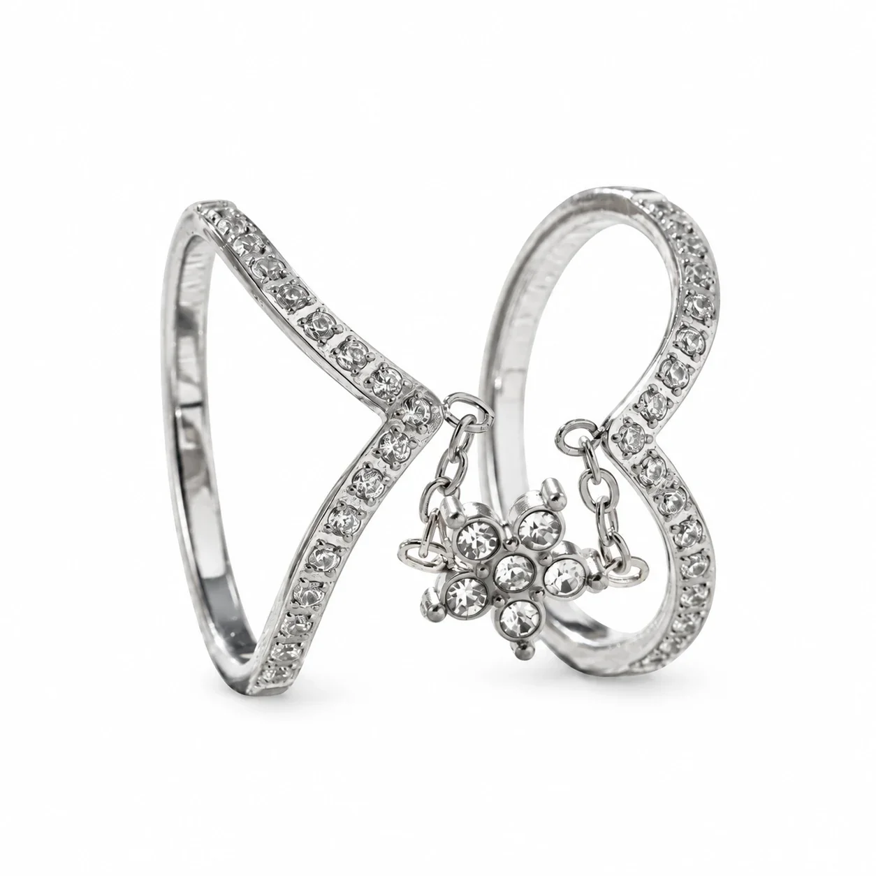 Double V-Band Flower Chain CZ Stainless Steel Ring