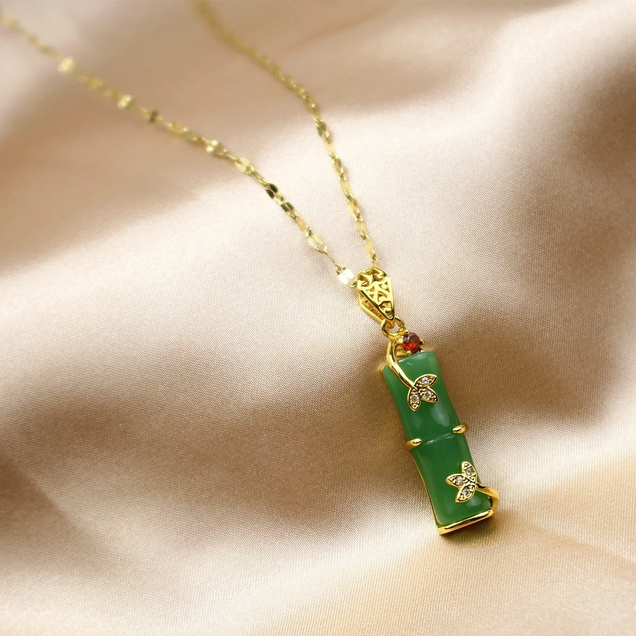 Bamboostaaf Vlinder Kristallen Hangerketting, Roestvrij Staal productfoto