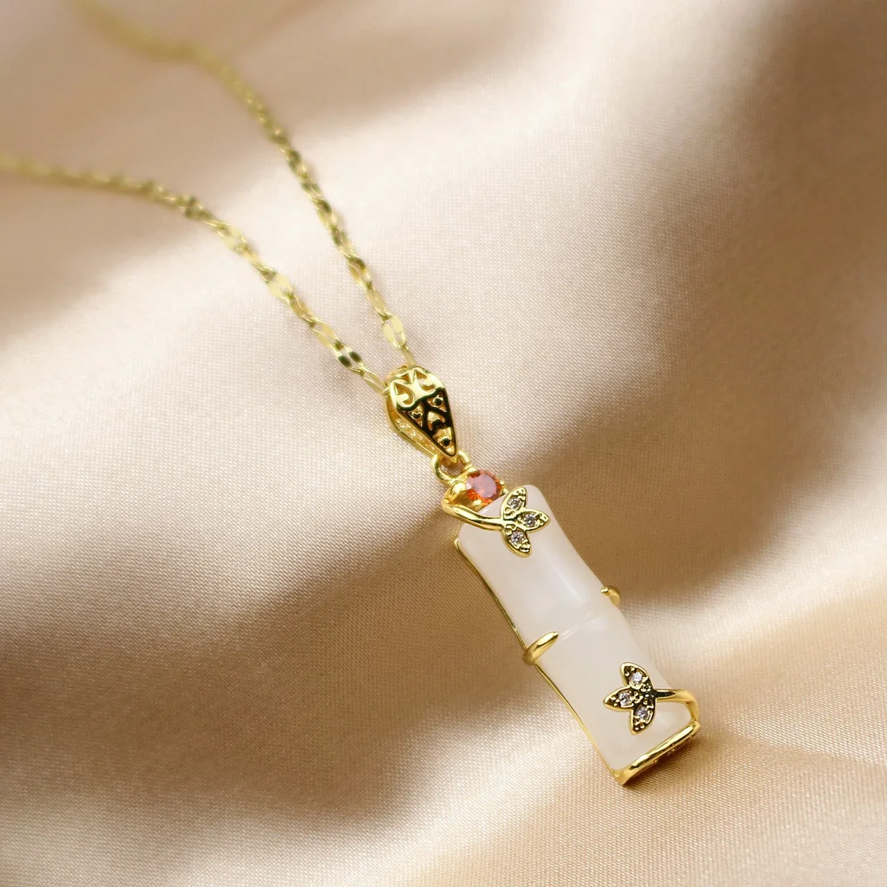 Bamboostaaf Vlinder Kristallen Hangerketting, Roestvrij Staal productfoto