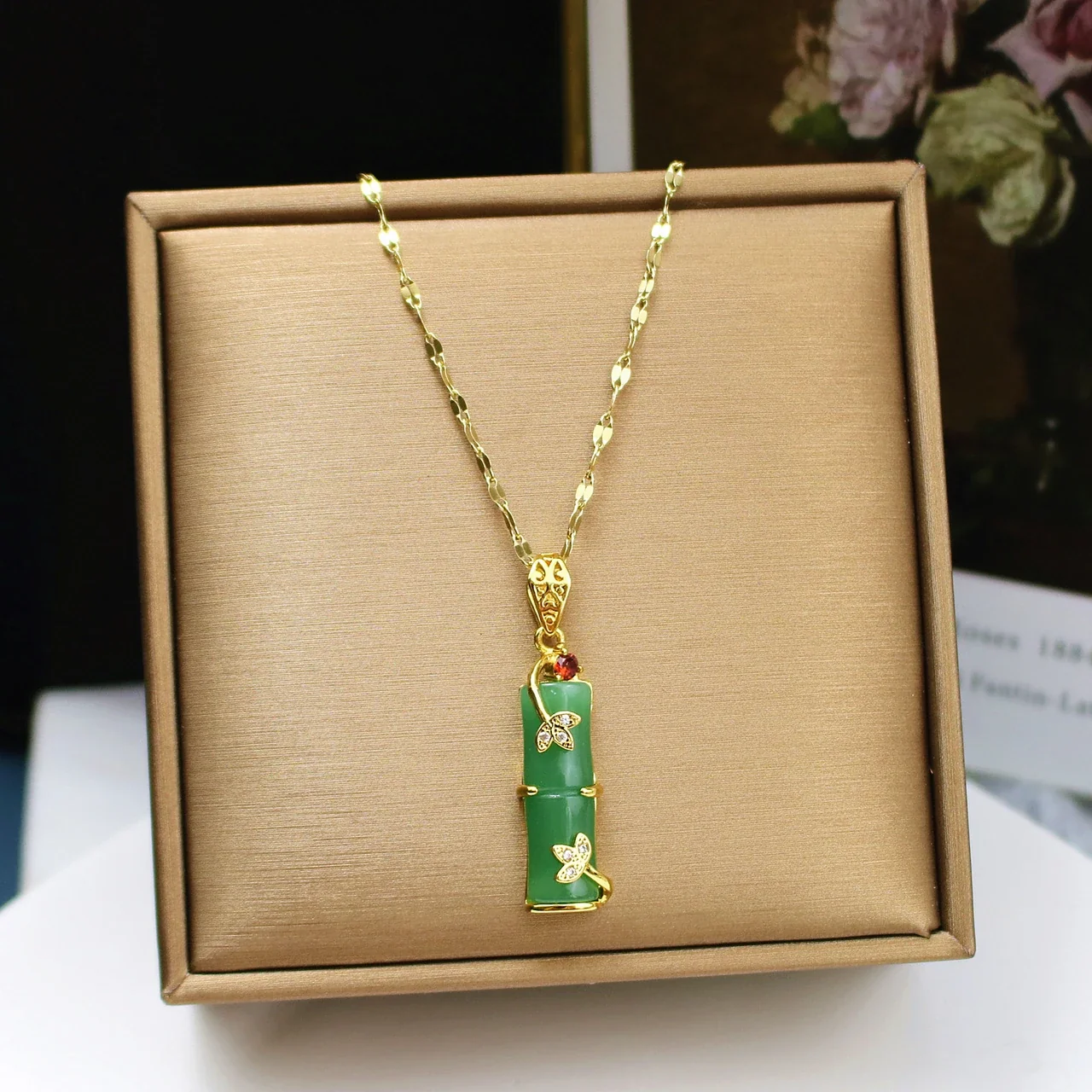 Bamboostaaf Vlinder Kristallen Hangerketting, Roestvrij Staal productfoto