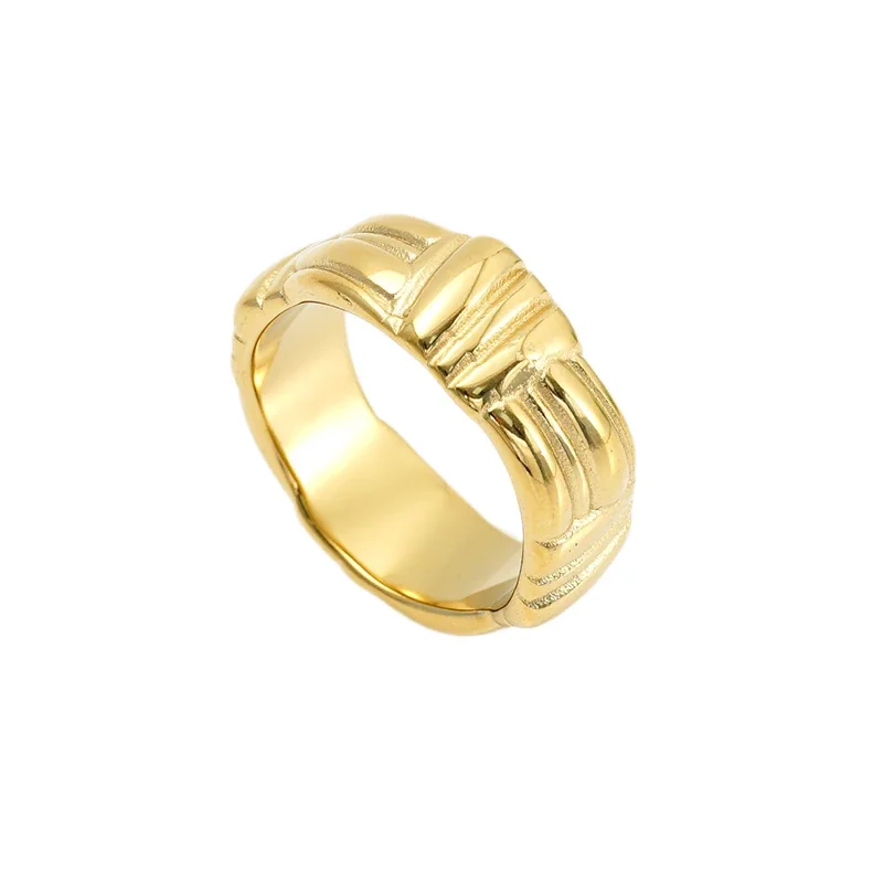 Ring with Ribbed Geometric Panels, 316 Stainless Steel Gold PVD