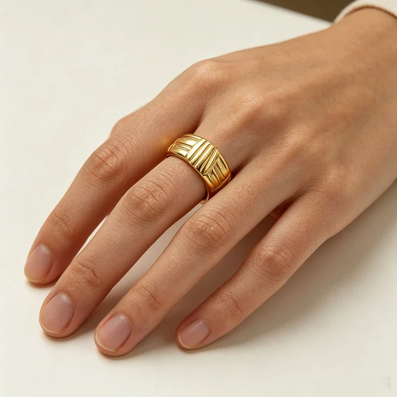Ring with Ribbed Geometric Panels, 316 Stainless Steel Gold PVD