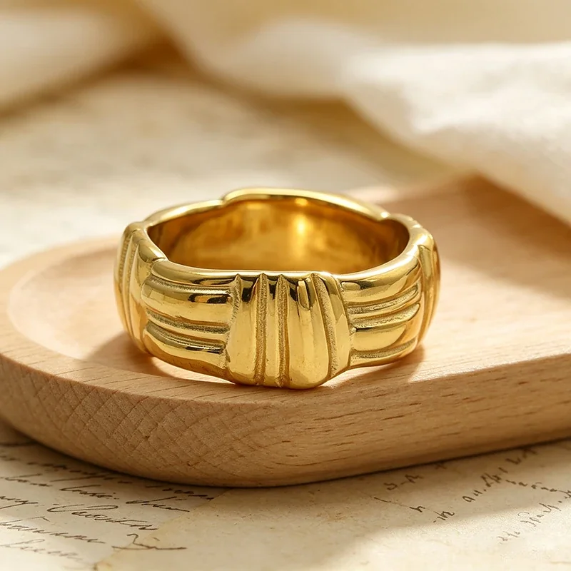 Ring with Ribbed Geometric Panels, 316 Stainless Steel Gold PVD