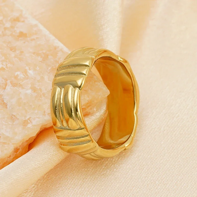 Ring with Ribbed Geometric Panels, 316 Stainless Steel Gold PVD