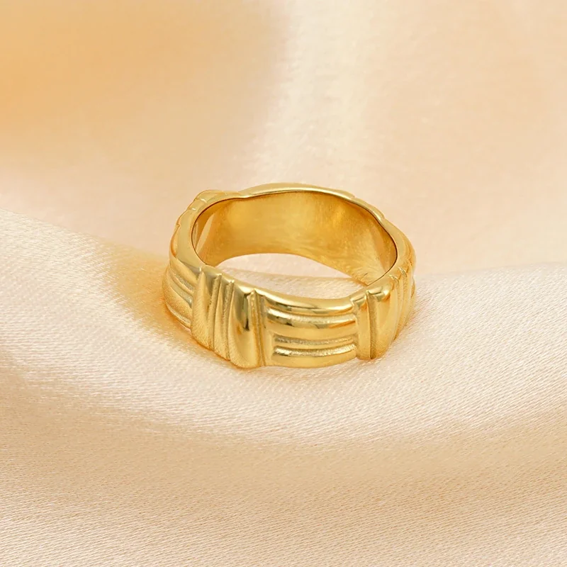 Ring with Ribbed Geometric Panels, 316 Stainless Steel Gold PVD
