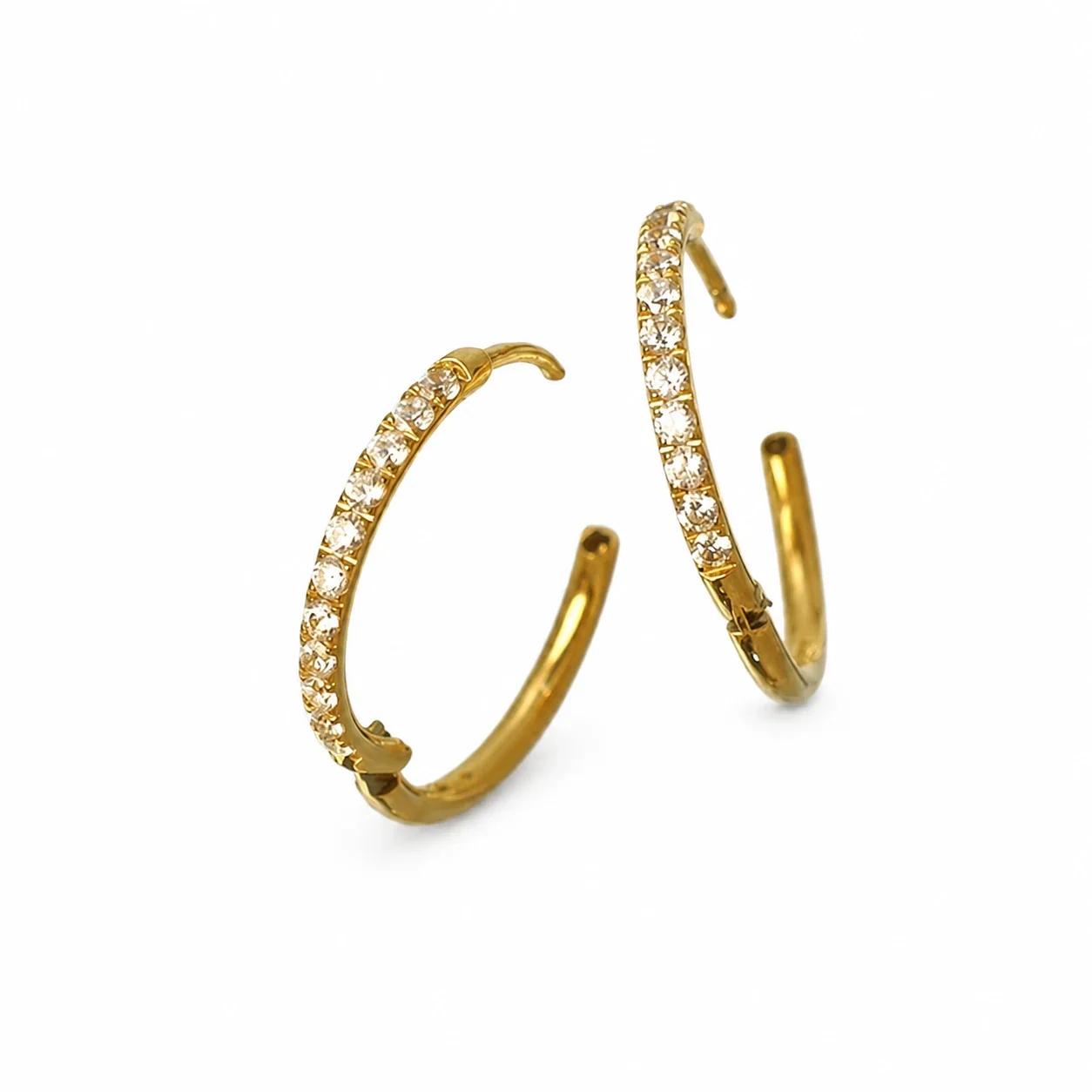 Polished Gold-Plated 316 Stainless Steel Pave Hinged Hoop Earrings