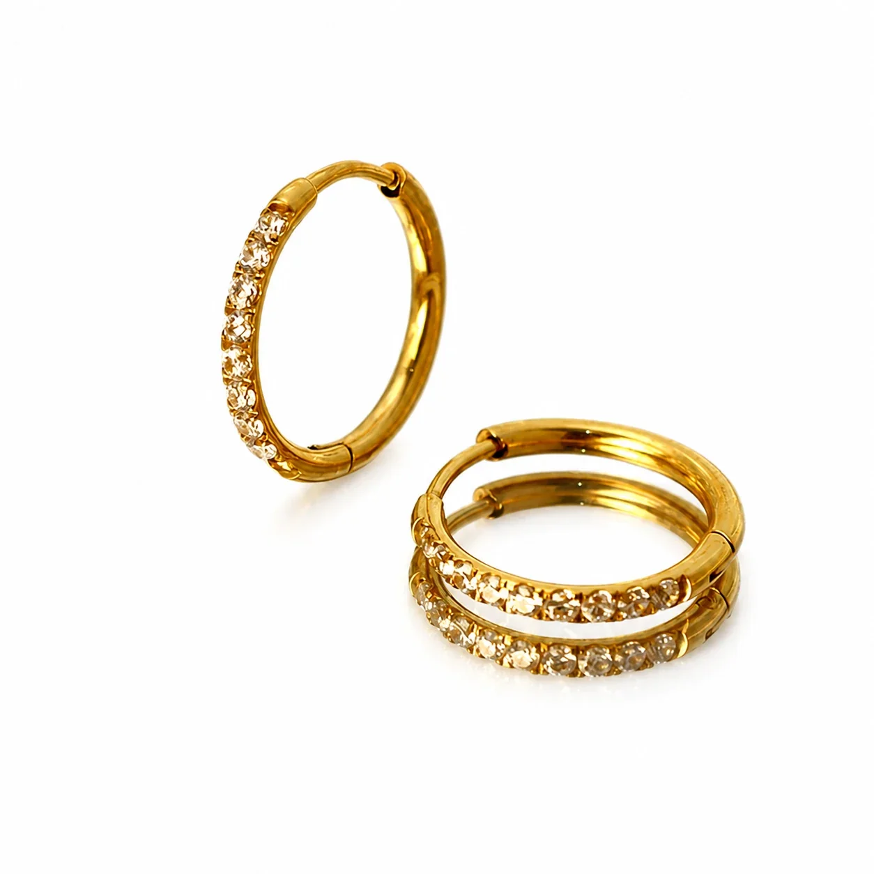 Polished Gold-Plated 316 Stainless Steel Pave Hinged Hoop Earrings
