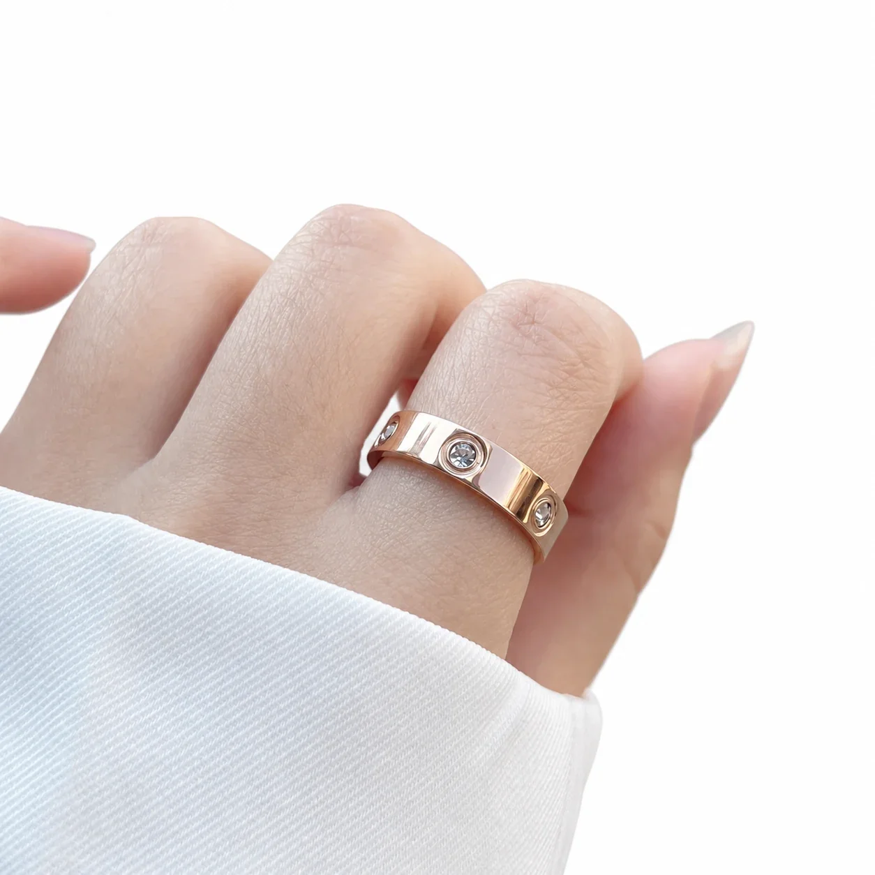 Polished Stainless Steel Bezel Crystal Wide Band Ring
