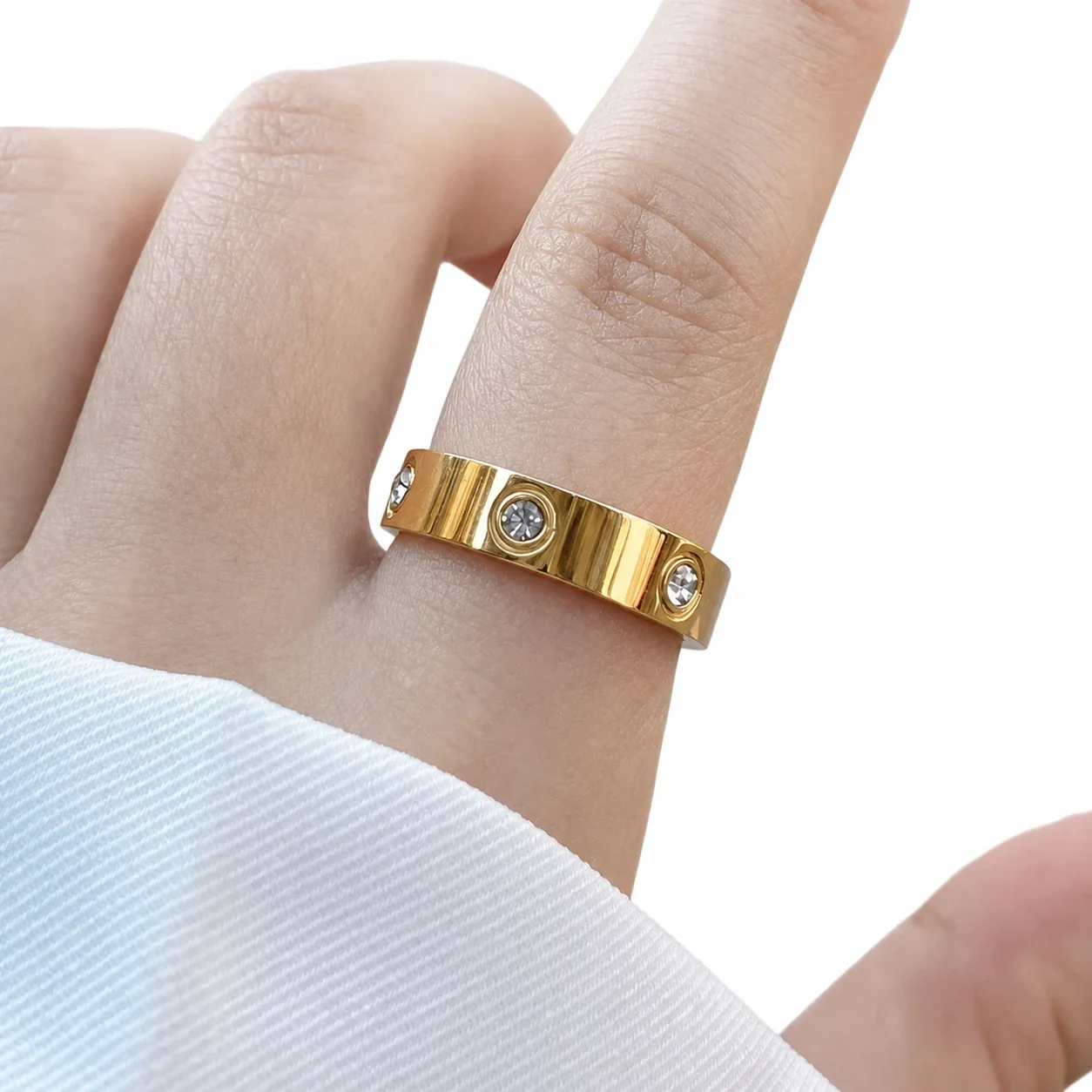 Polished Stainless Steel Bezel Crystal Wide Band Ring