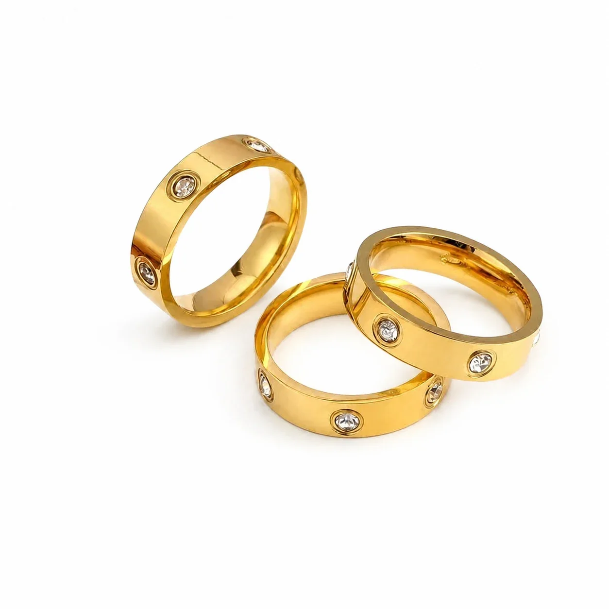 Polished Stainless Steel Bezel Crystal Wide Band Ring