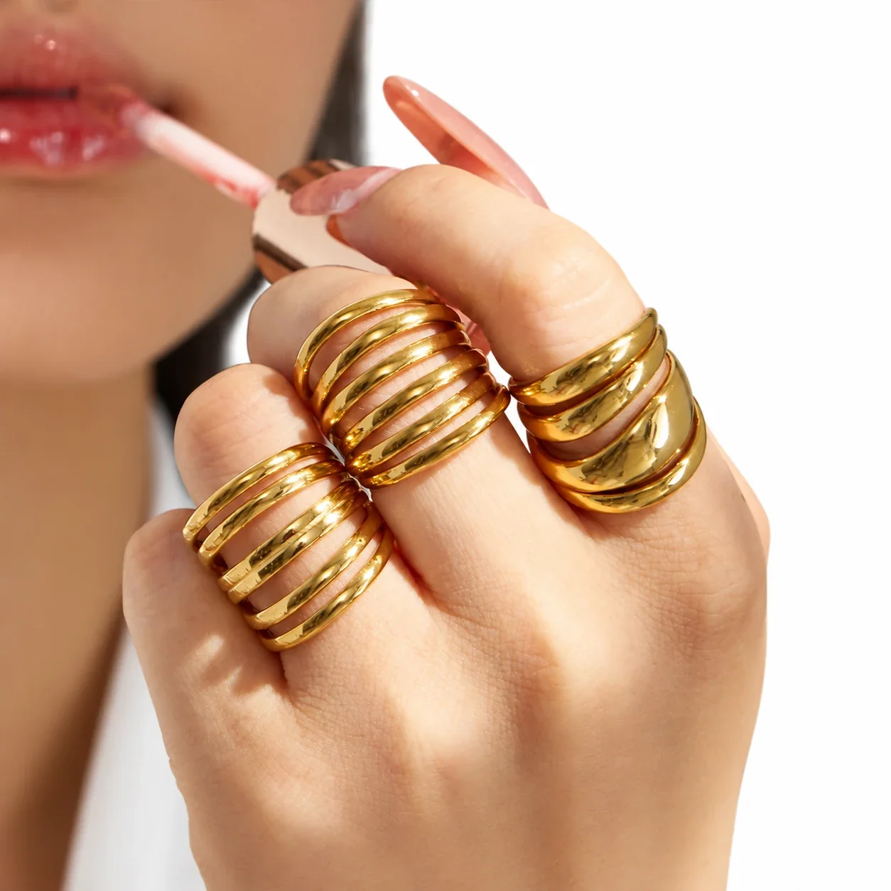 Photo produit : Bague géométrique à bandes multiples en acier inoxydable 316 plaqué or