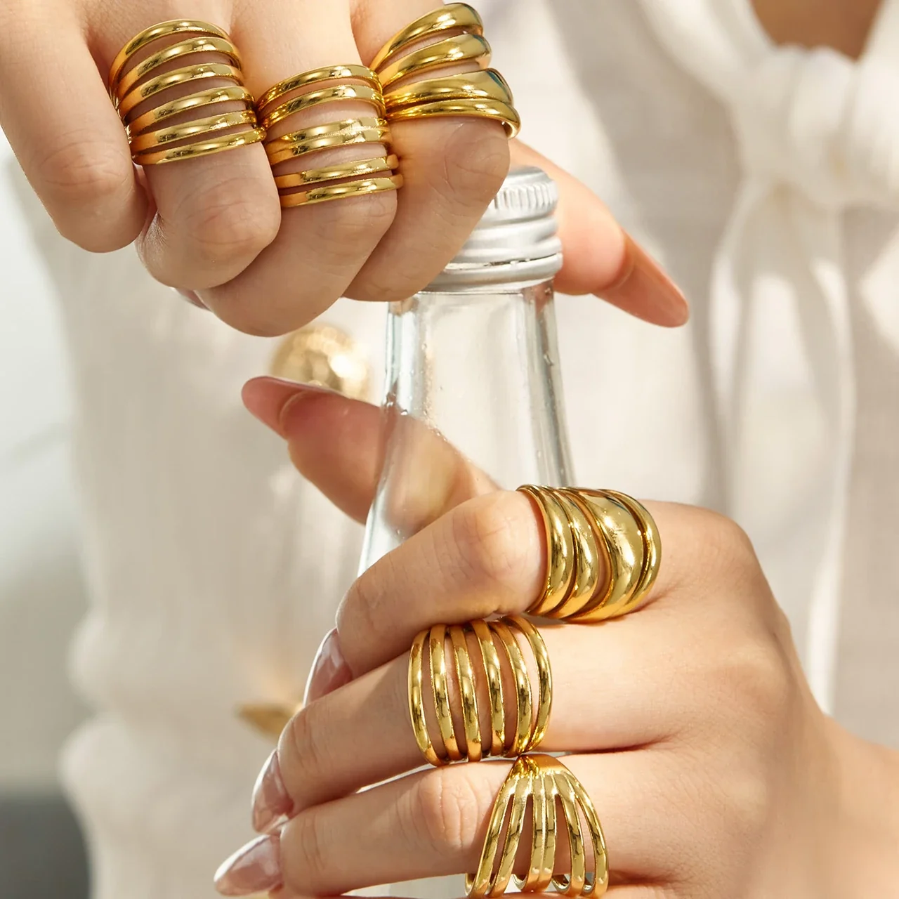 Photo produit : Bague géométrique à bandes multiples en acier inoxydable 316 plaqué or