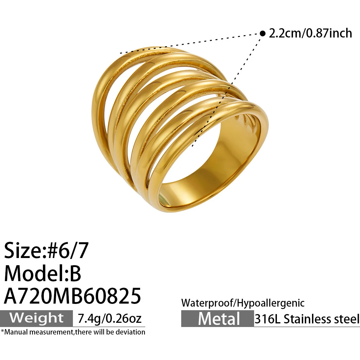 Photo produit : Bague géométrique à bandes multiples en acier inoxydable 316 plaqué or
