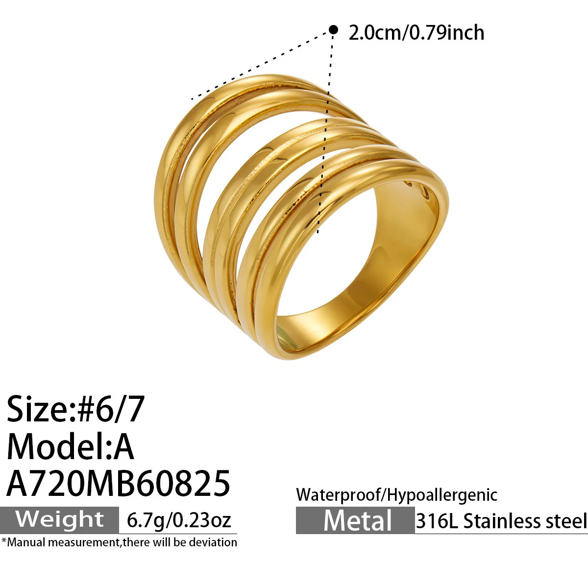 Photo produit : Bague géométrique à bandes multiples en acier inoxydable 316 plaqué or