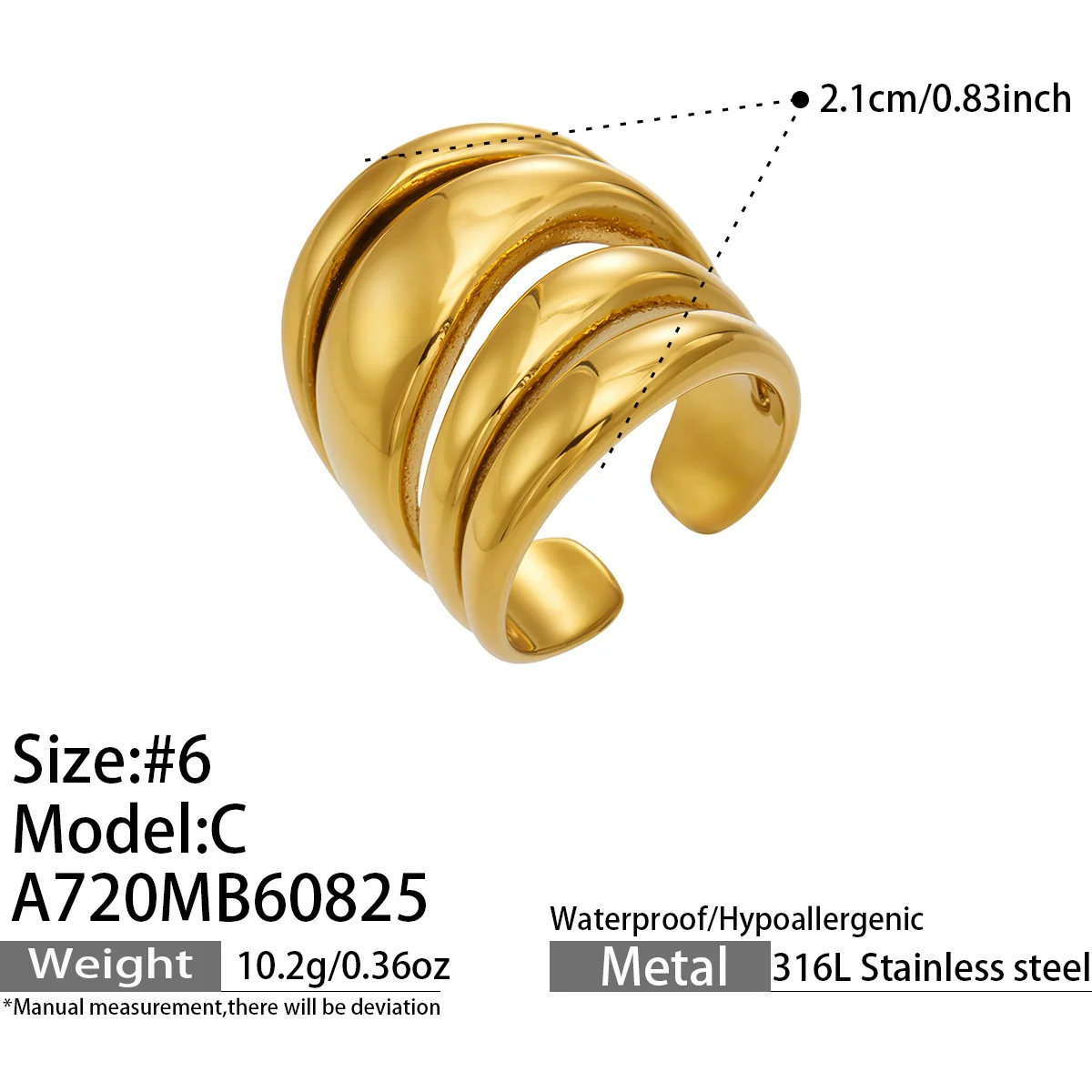 Photo produit : Bague géométrique à bandes multiples en acier inoxydable 316 plaqué or