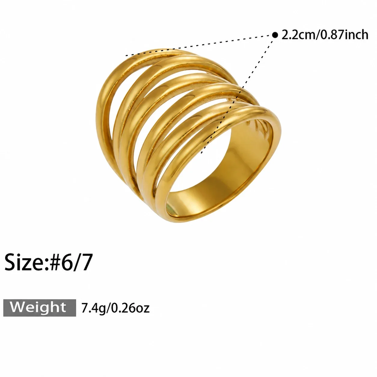 Photo produit : Bague géométrique à bandes multiples en acier inoxydable 316 plaqué or