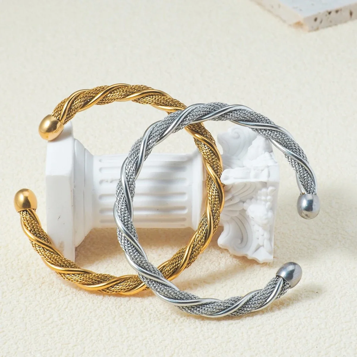 Cuff Bracelet Twisted Mesh Rope 18K Gold-Plated Stainless Steel