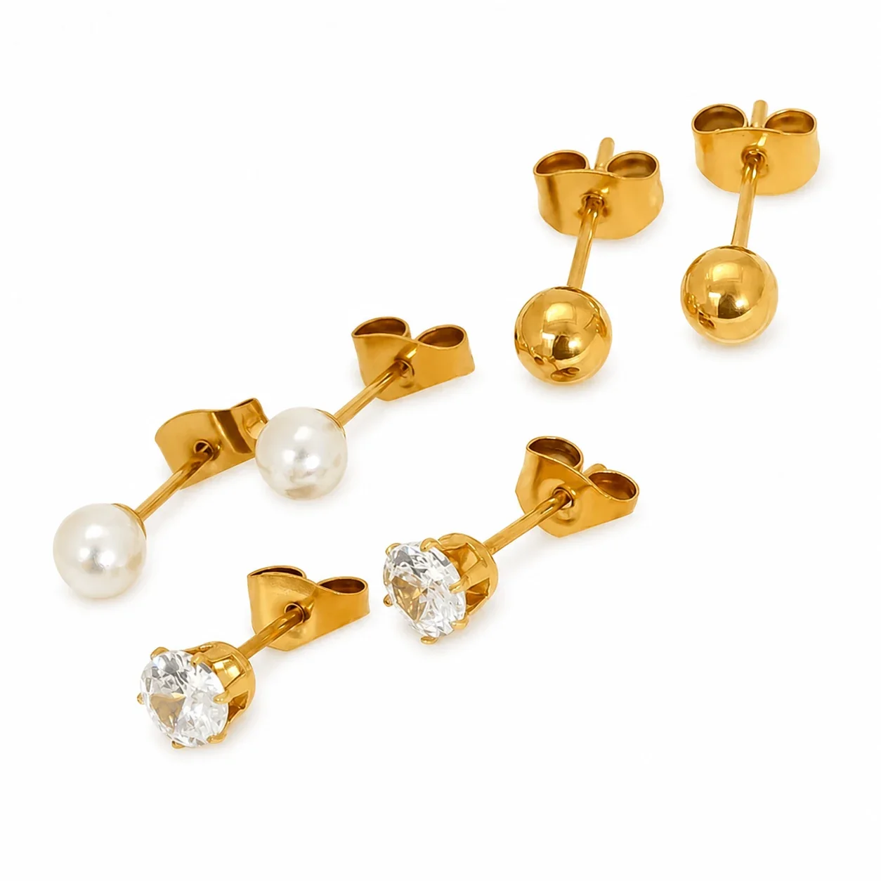 Refined Gold-Plated Round CZ Stud Earrings Trio