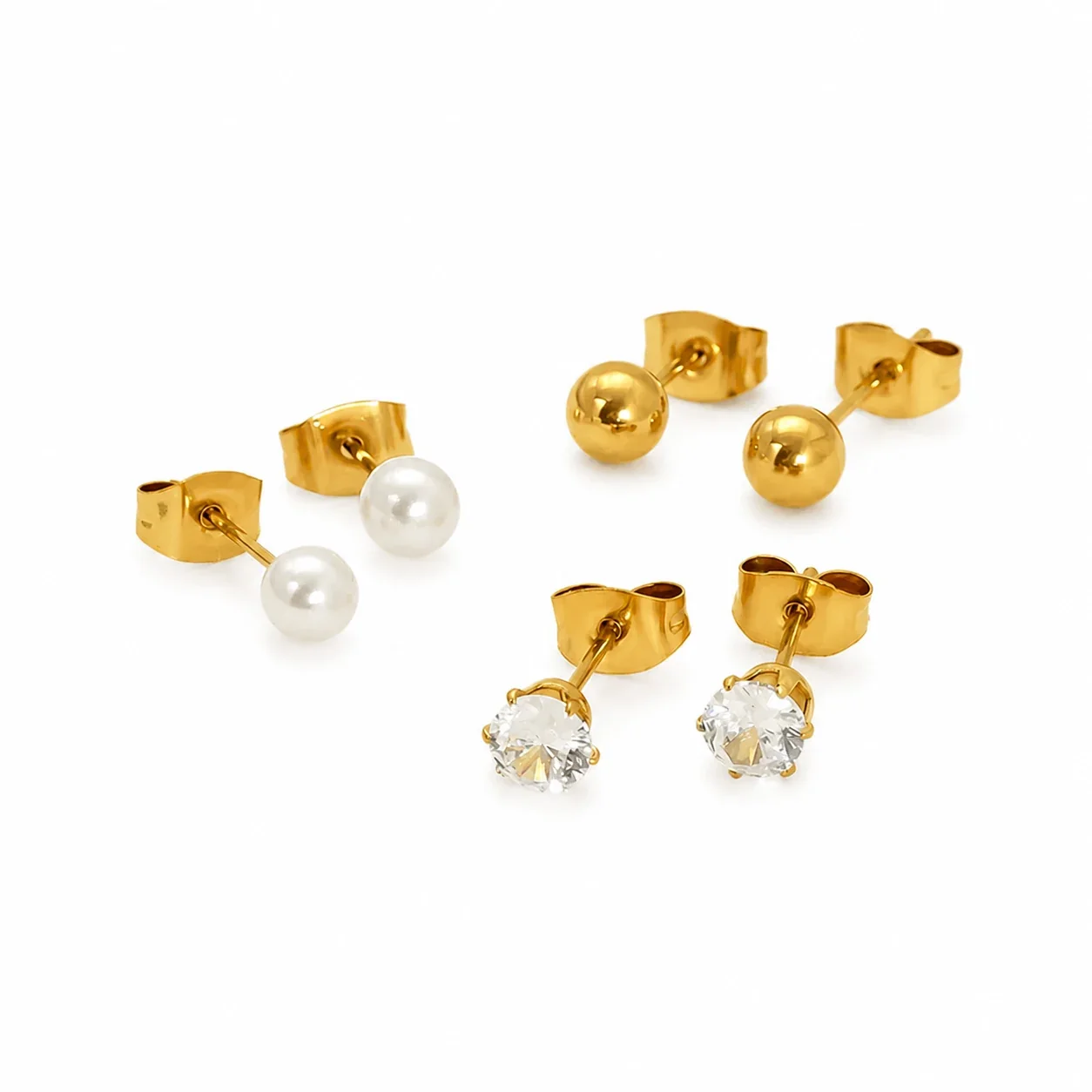 Refined Gold-Plated Round CZ Stud Earrings Trio