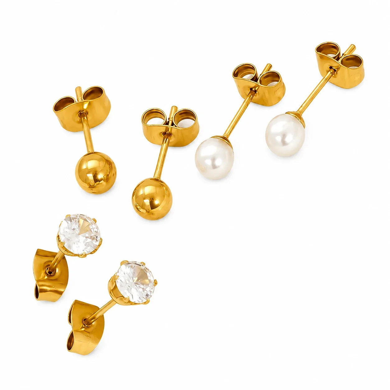 Refined Gold-Plated Round CZ Stud Earrings Trio