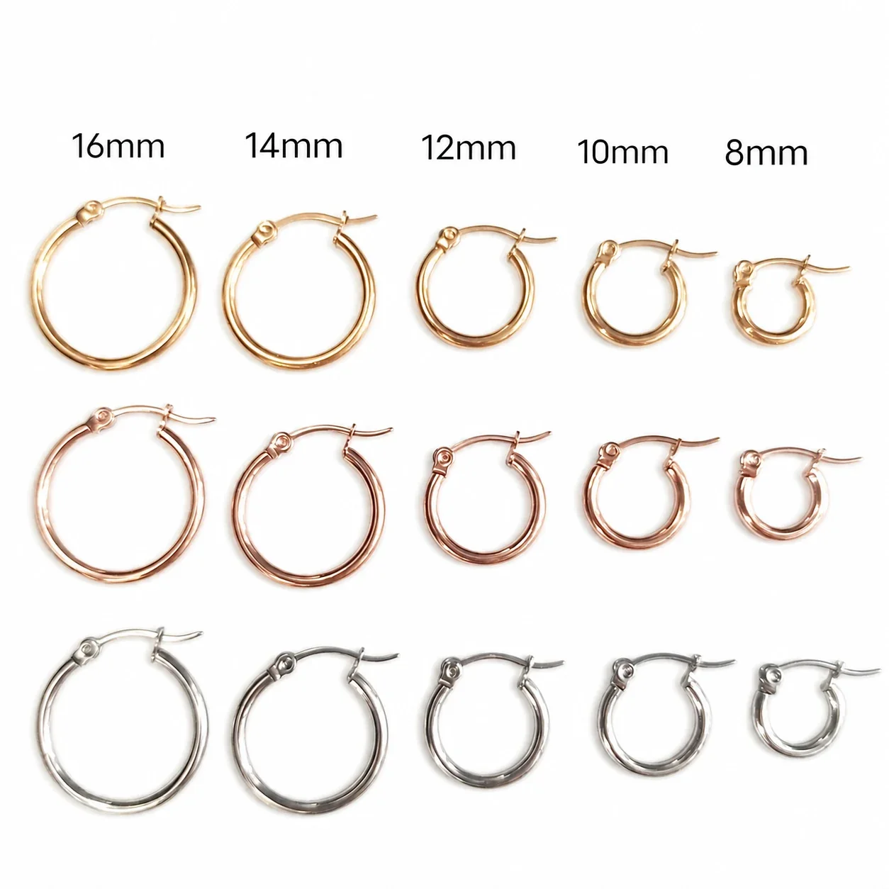 Minimal Stainless Steel PVD Round Wire Latch Hoop Earrings - Gold 12 mm