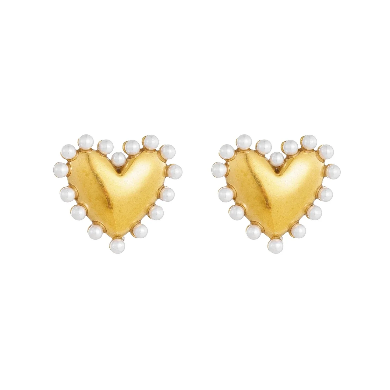 Heart Stud Earrings with Shell Pearl Border in Gold-Plated Steel