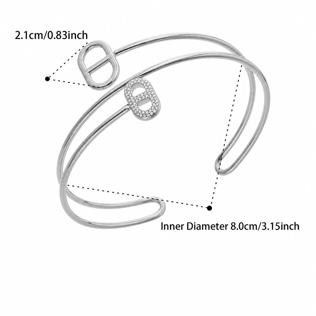 Pavé Oval-Link Double Wire 316L Stainless Steel Cuff - Silver Rectangular CZ Double Arm