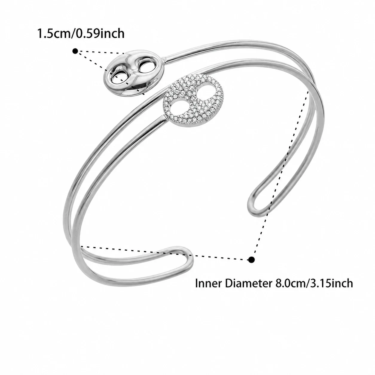 Pavé Oval-Link Double Wire 316L Stainless Steel Cuff - Silver Oval CZ Double Arm