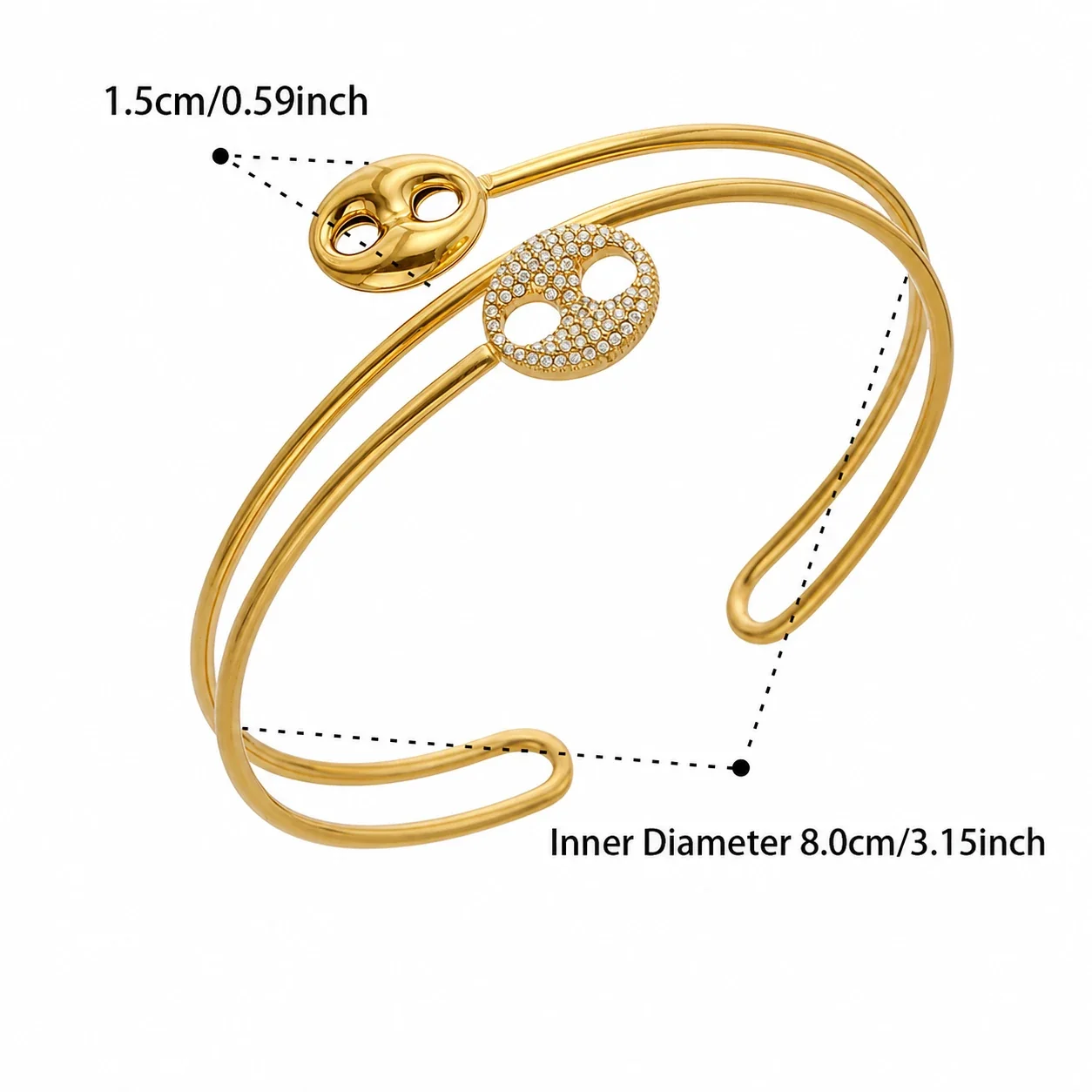 Pavé Oval-Link Double Wire 316L Stainless Steel Cuff - Gold Oval CZ Double Arm