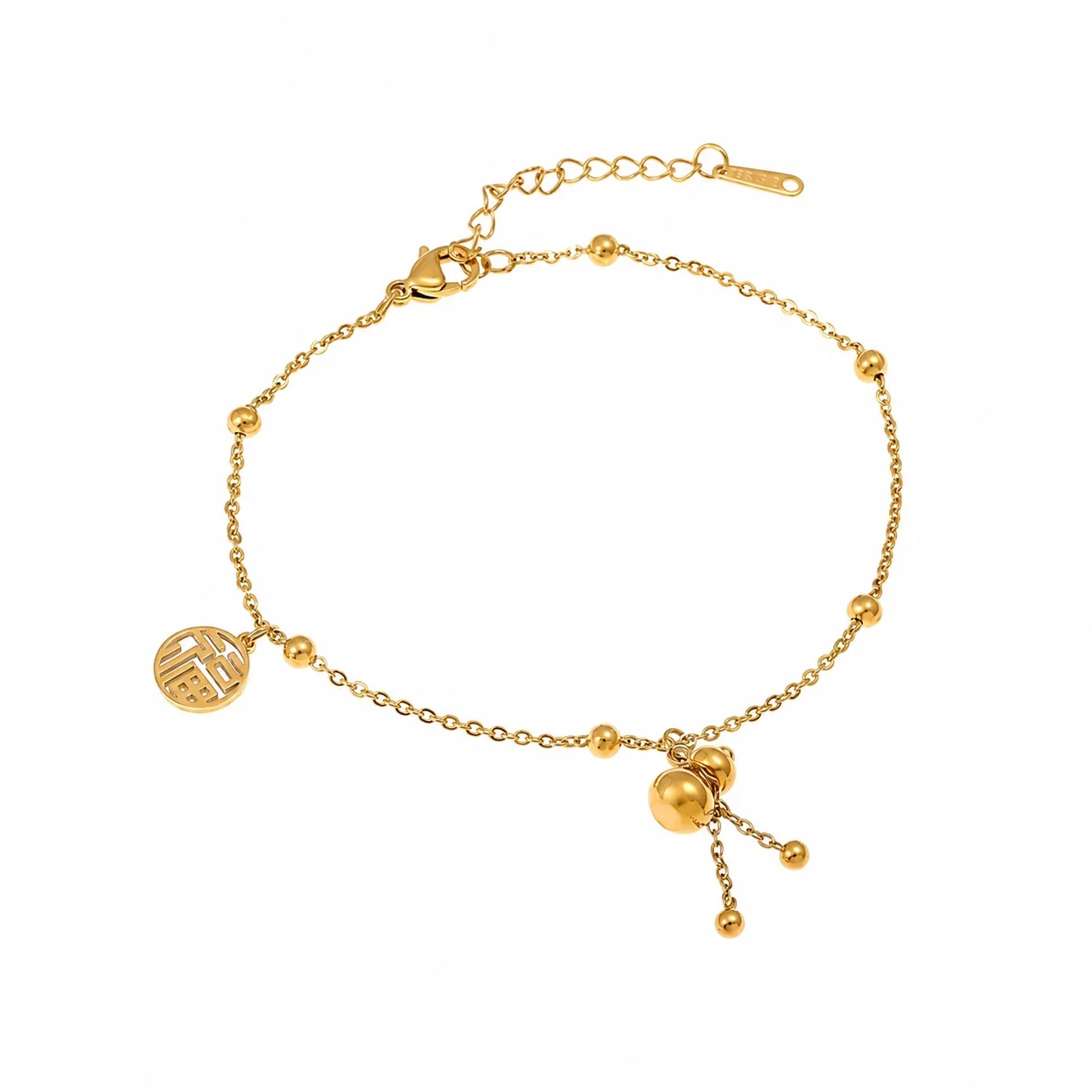 Anklet with Openwork Fortune Charm, Bells & Beads, Stainless Steel