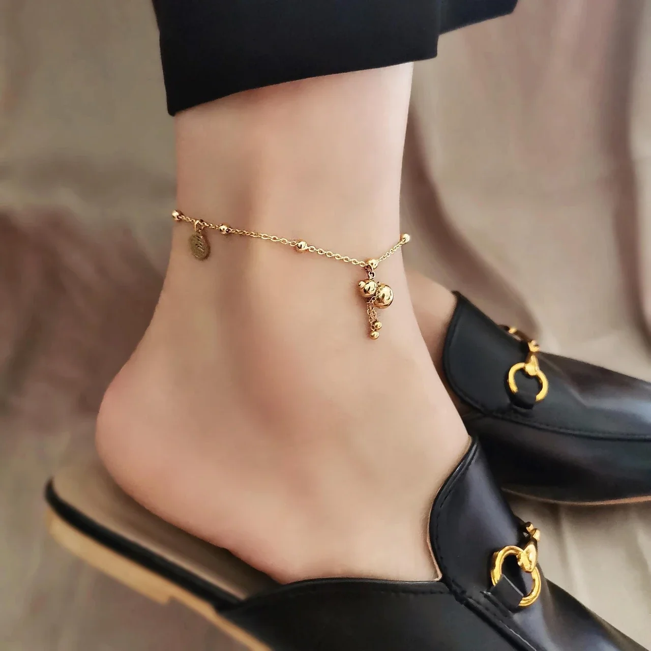 Anklet with Openwork Fortune Charm, Bells & Beads, Stainless Steel