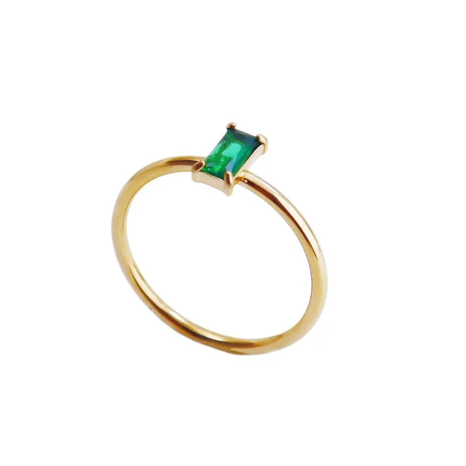 Ring with Emerald-Cut Green Crystal, 18K Gold-Plated Stainless Steel