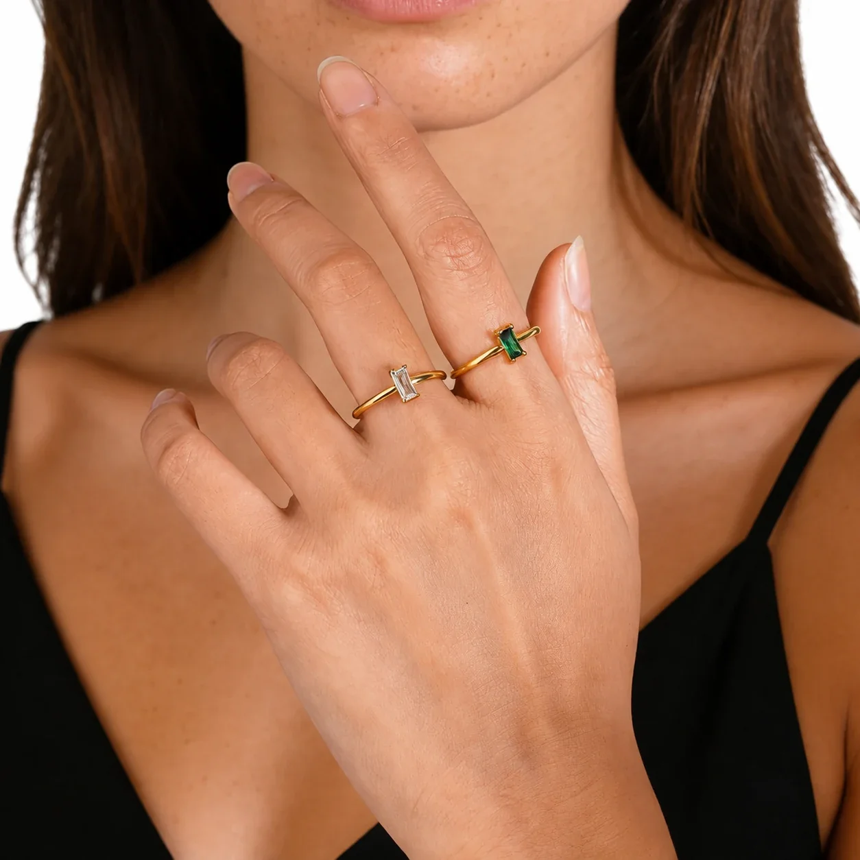 Ring with Emerald-Cut Green Crystal, 18K Gold-Plated Stainless Steel