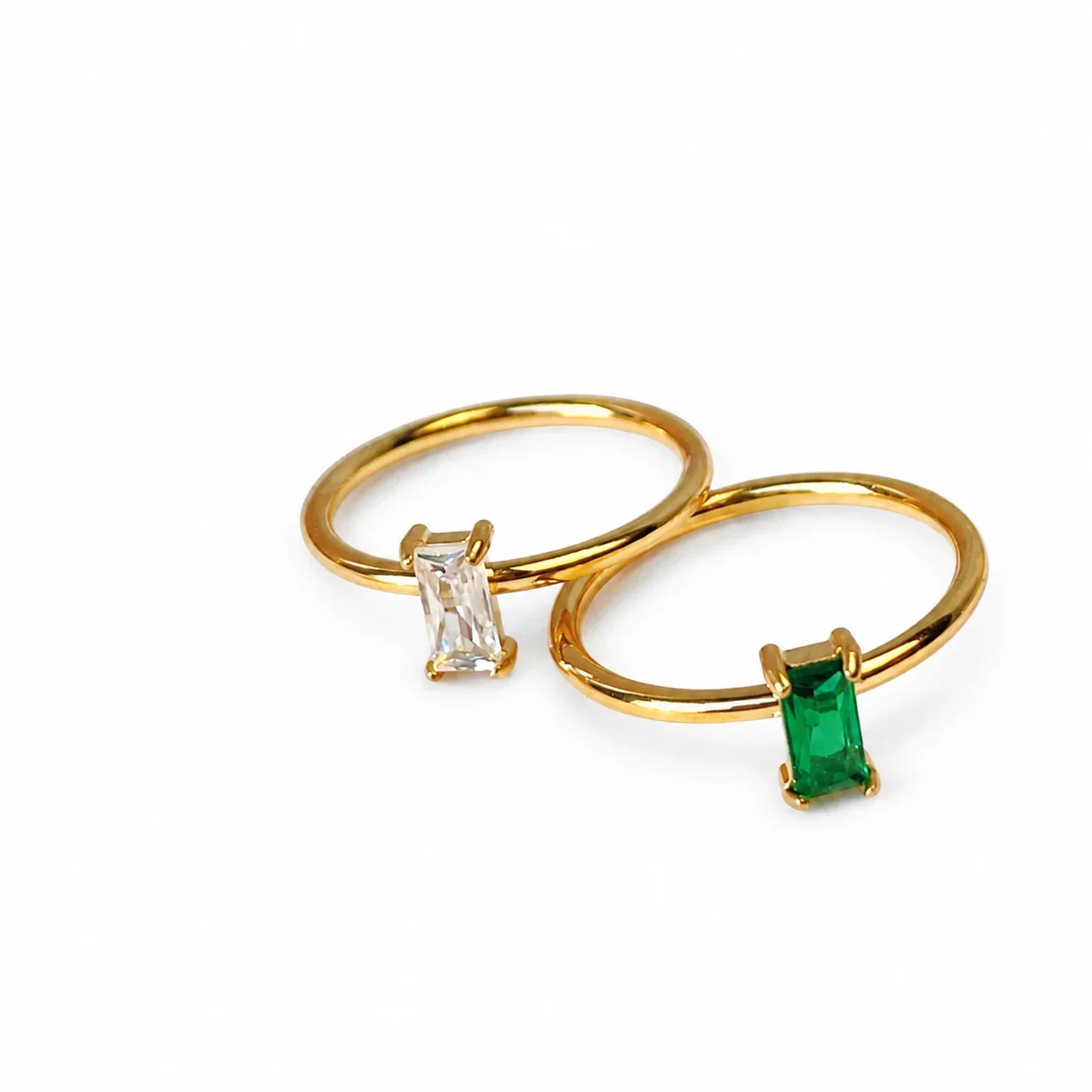 Ring with Emerald-Cut Green Crystal, 18K Gold-Plated Stainless Steel