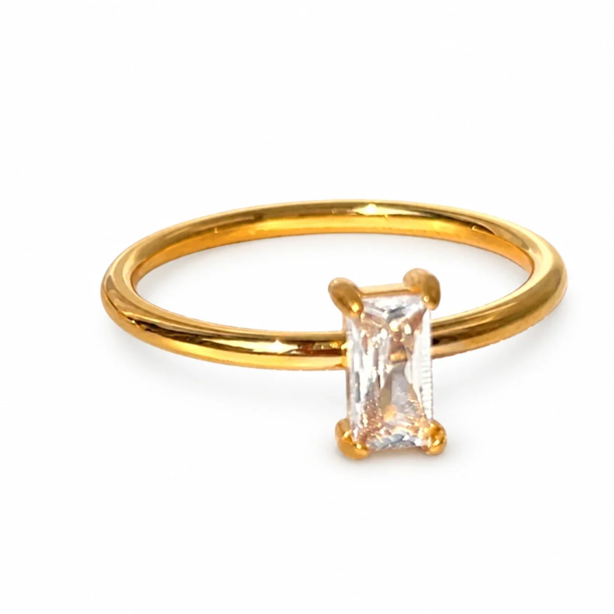 Ring with Emerald-Cut Green Crystal, 18K Gold-Plated Stainless Steel