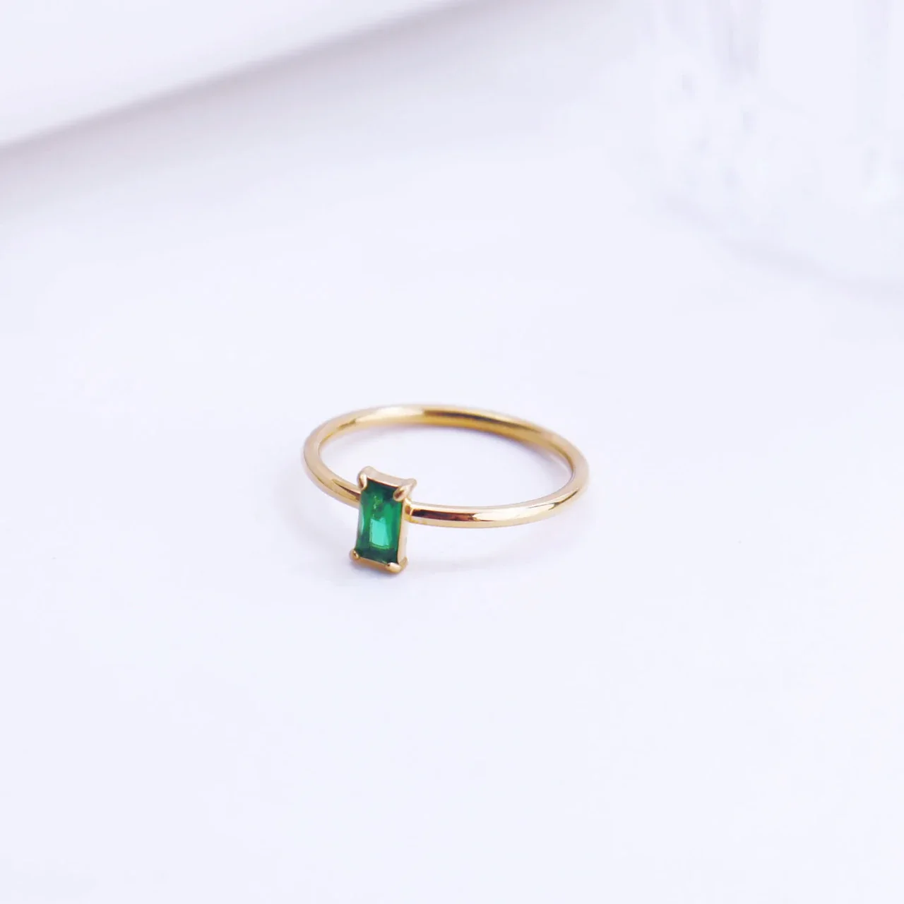 Ring with Emerald-Cut Green Crystal, 18K Gold-Plated Stainless Steel