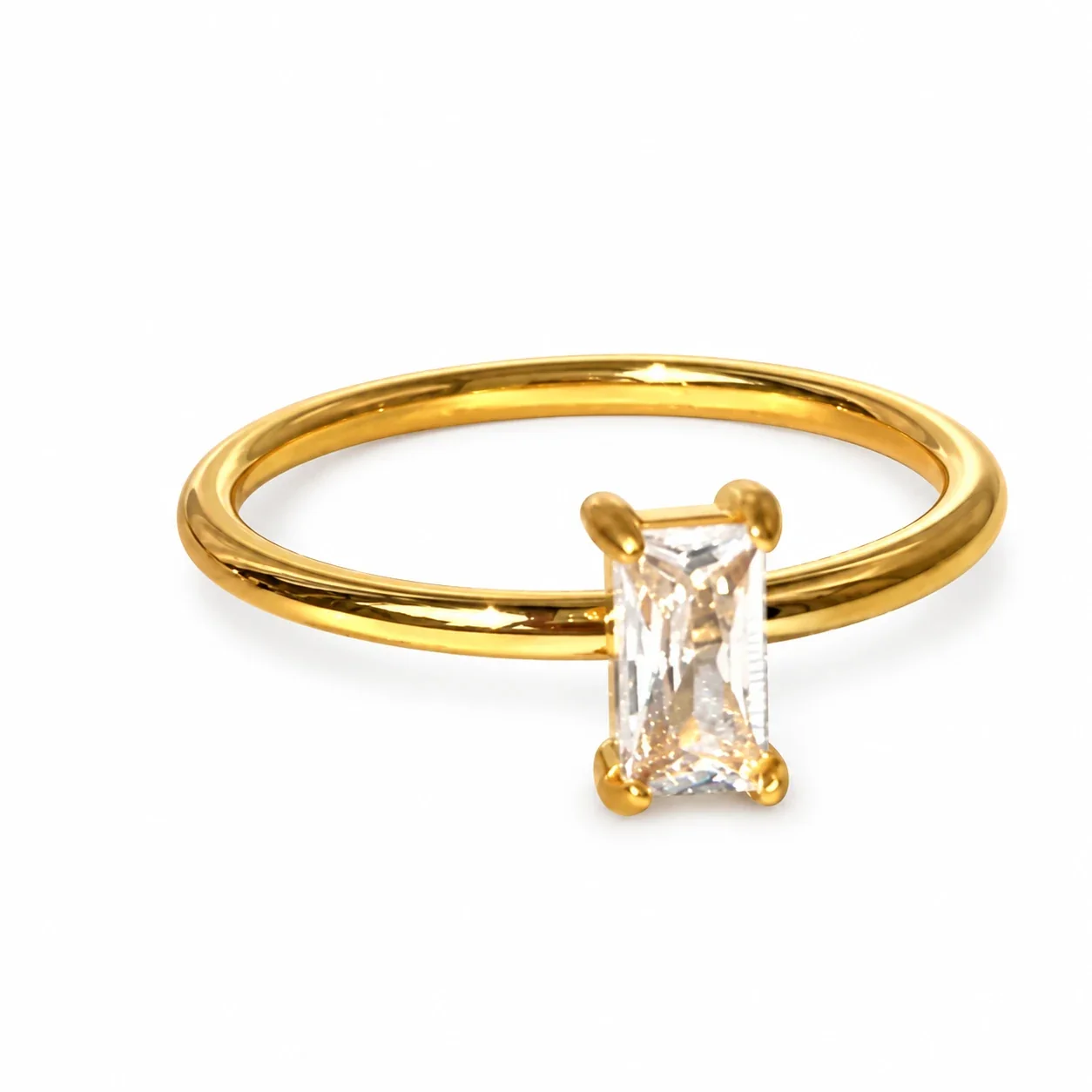 Ring with Emerald-Cut Green Crystal, 18K Gold-Plated Stainless Steel - Gold Clear Crystal