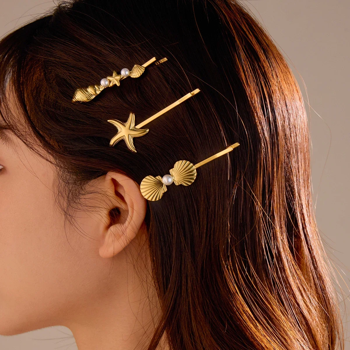 Seashell & Starfish Hair Clips, 18K Gold-Plated Stainless Steel